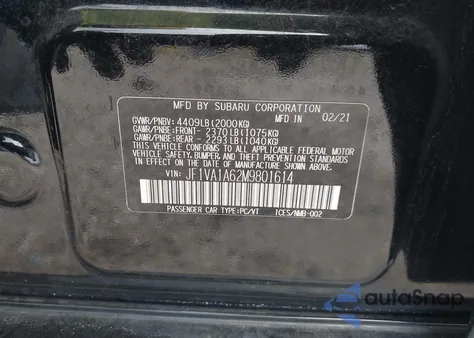 2021 Subaru Wrx из США, поврежденный, VIN JF1VA1A62M9801614